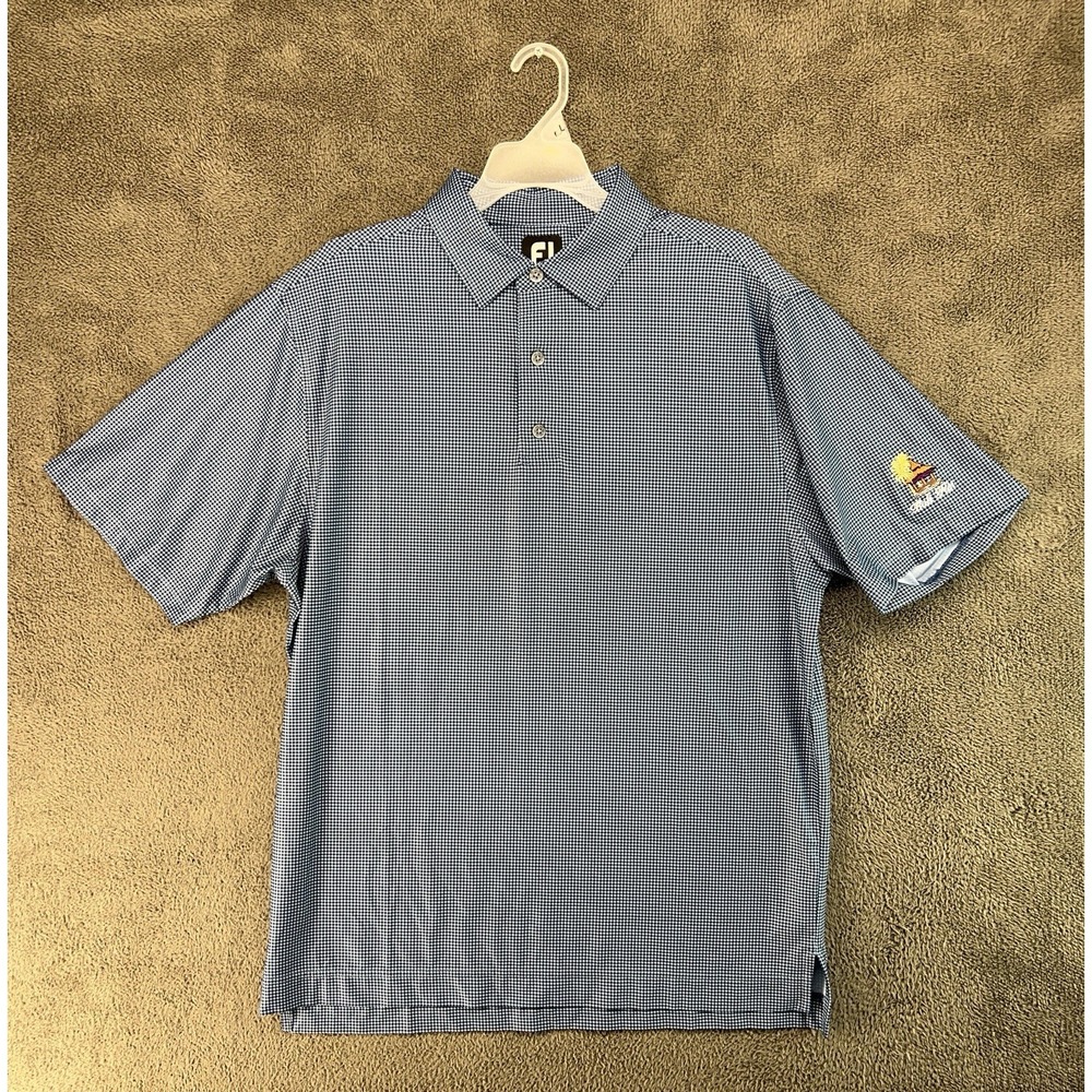 Foot Joy Men's M Light Blue Checkered Short Sleeve Polo Bali Hai Logo